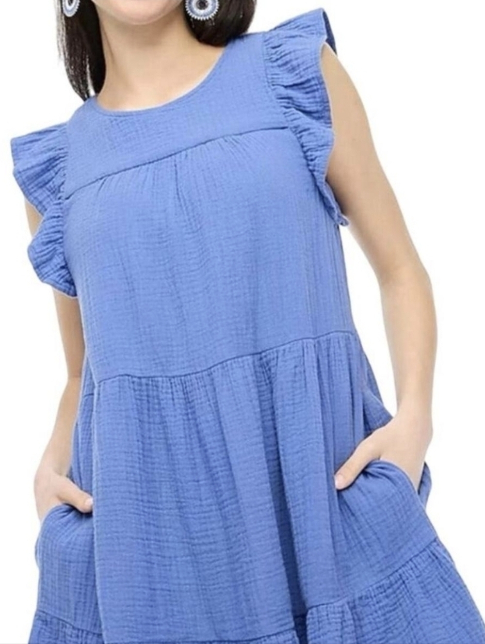 J.Crew Gauze Flutter Sleeve Mini Tiered Dress Pockets